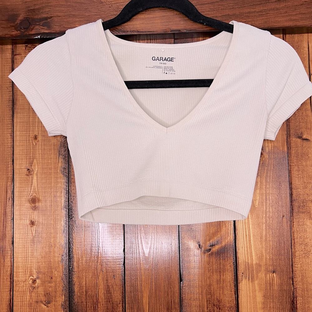 Garage, short sleeve ribbed crop top, cream,size: XS